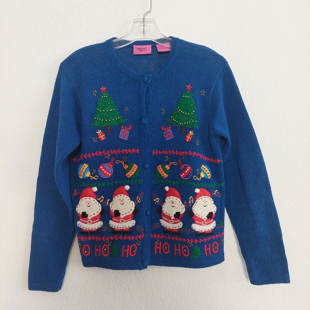 AIRPORT GIRLS Blue Sweater with Santa Design NWOT